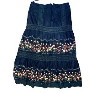 Femme Black Tiered Maxi Skirt‎ with Colorful Floral Embroidery and Lace Applique